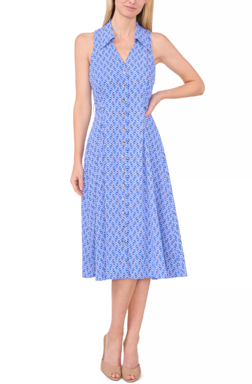 CECE Midi Shirt Dress Size 6 Blue Print Sleeveless V-Neck Belted Waist NWT